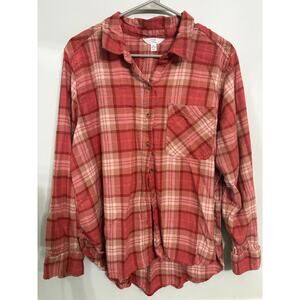 Time and Tru Plaid Flannel Button-Up Shirt | Red | Women’s XL (16–18)